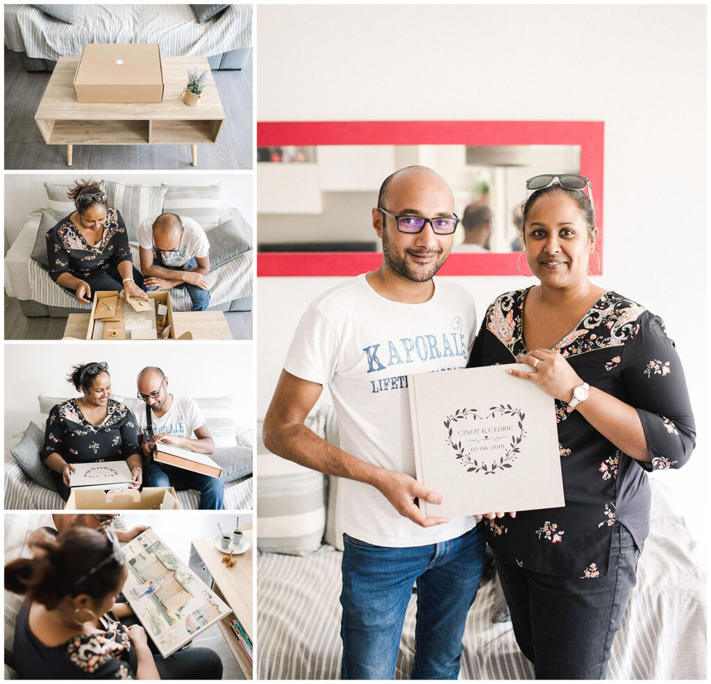 remise du coffret avec le livre photo de mariage