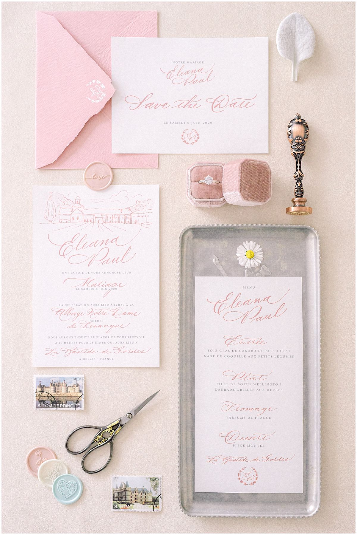 flat lays wedding stationery